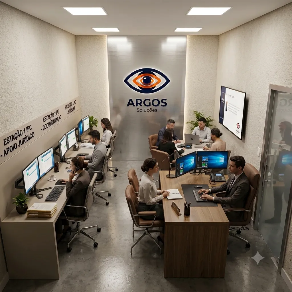 Equipe Argos Soluções em escritório com estações de apoio jurídico, documentação e pesquisa, e a logo ARGOS na parede